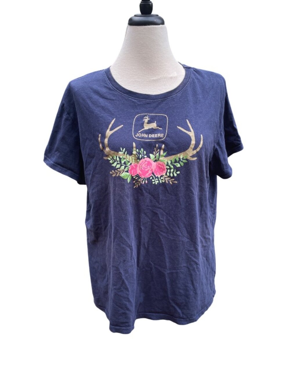 John Deere Womens Navy Blue Floral Antler Graphic T-Shirt 2XL
